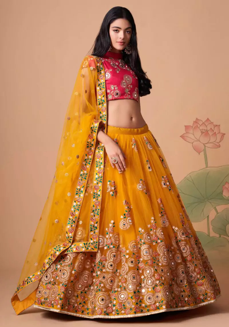 Yellow Embroidered Mirror Work Lehenga with Hot Pink Choli Charm