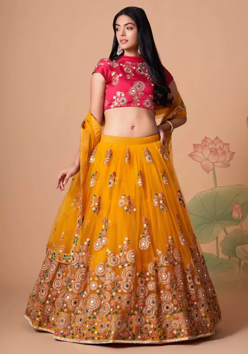 Yellow Embroidered Mirror Work Lehenga with Hot Pink Choli Charm