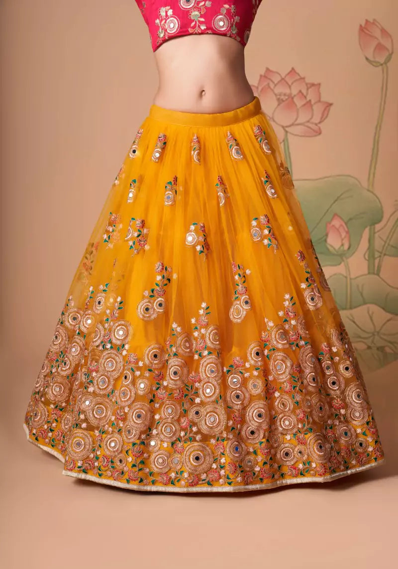 Yellow Embroidered Mirror Work Lehenga with Hot Pink Choli Charm