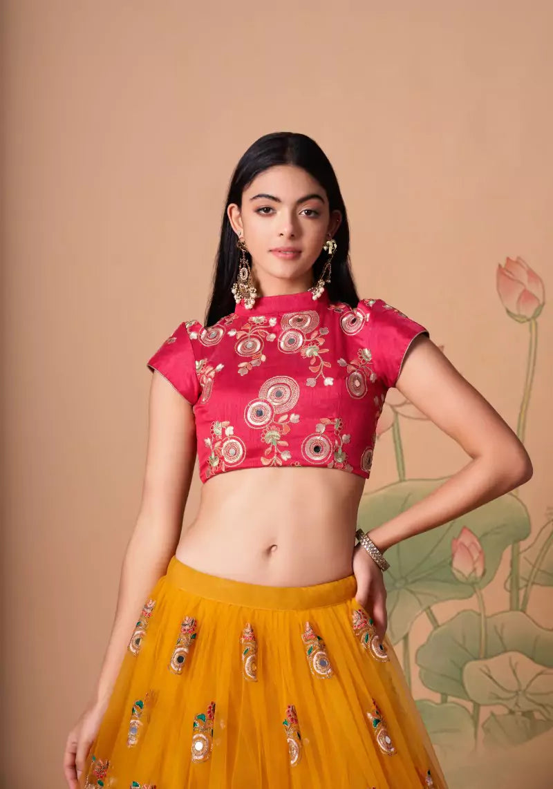 Yellow Embroidered Mirror Work Lehenga with Hot Pink Choli Charm