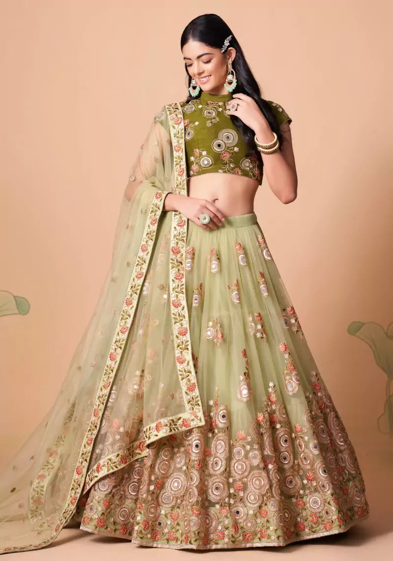 Party Wear Mirror Work Embroidered Lehenga Set