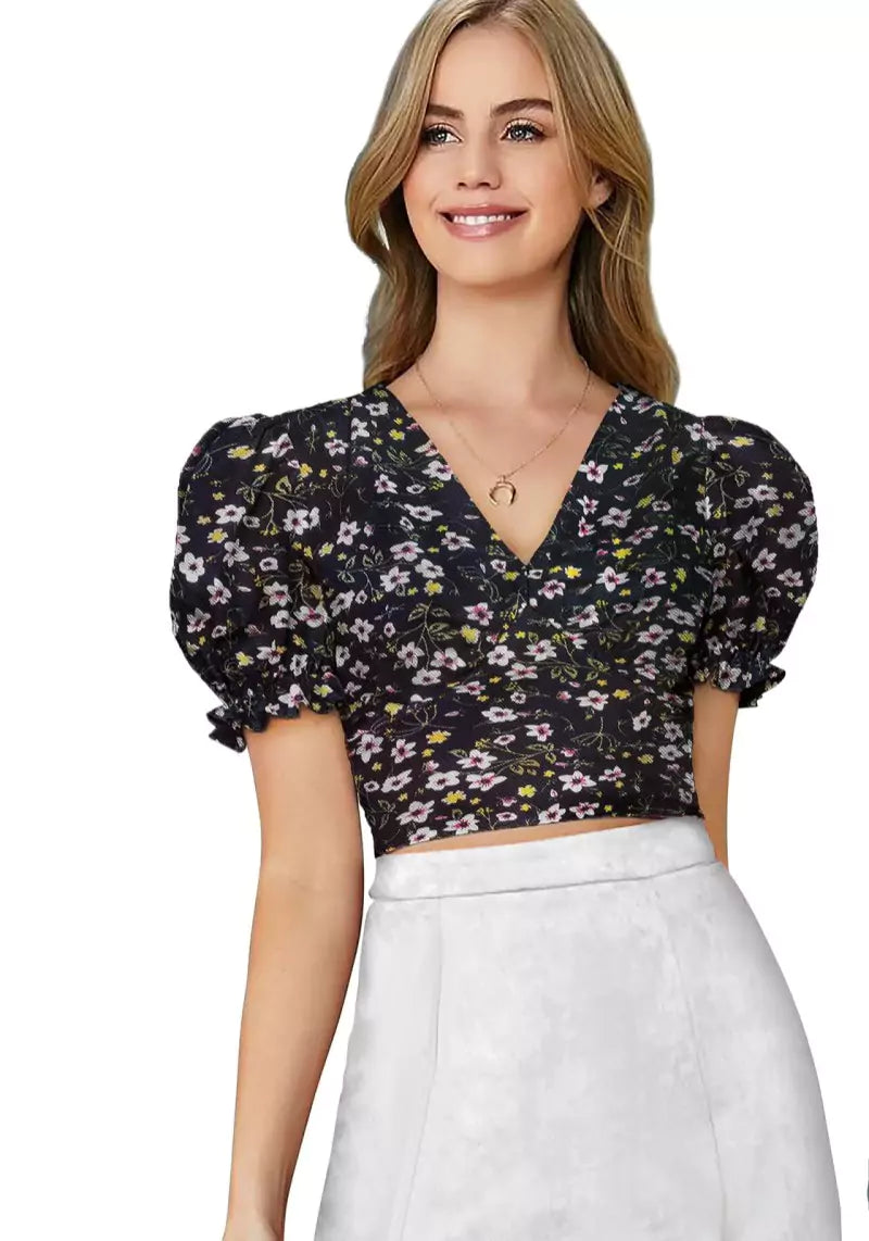 Floral Bliss V-Neck Puff Sleeve Crop Top with Tie-Back Detail