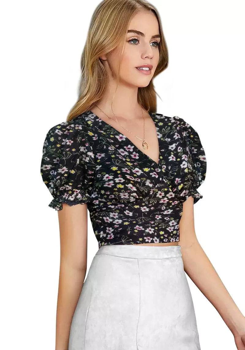 Floral Bliss V-Neck Puff Sleeve Crop Top with Tie-Back Detail