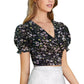 Floral Bliss V-Neck Puff Sleeve Crop Top with Tie-Back Detail