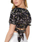 Floral Bliss V-Neck Puff Sleeve Crop Top with Tie-Back Detail