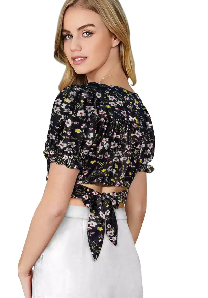 Floral Bliss V-Neck Puff Sleeve Crop Top with Tie-Back Detail