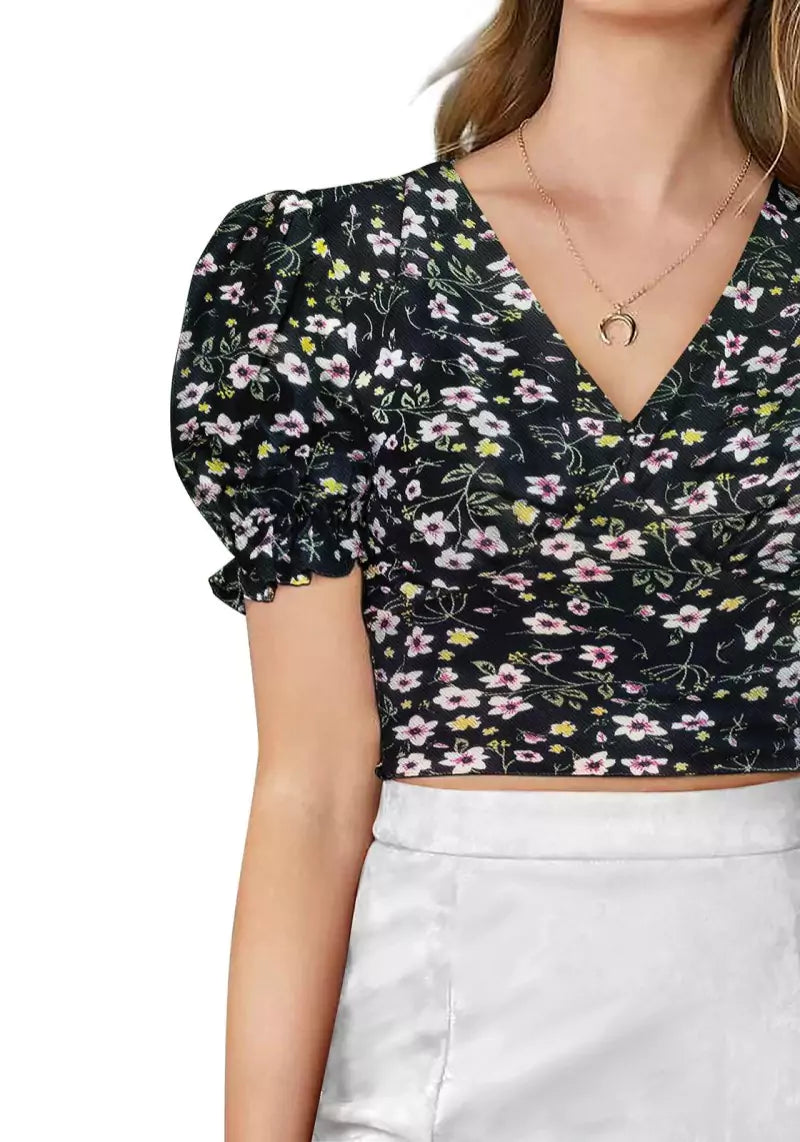 Floral Bliss V-Neck Puff Sleeve Crop Top with Tie-Back Detail