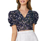 Floral Bliss V-Neck Puff Sleeve Crop Top with Tie-Back Detail