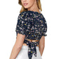 Floral Bliss V-Neck Puff Sleeve Crop Top with Tie-Back Detail