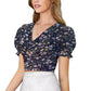 Floral Bliss V-Neck Puff Sleeve Crop Top with Tie-Back Detail