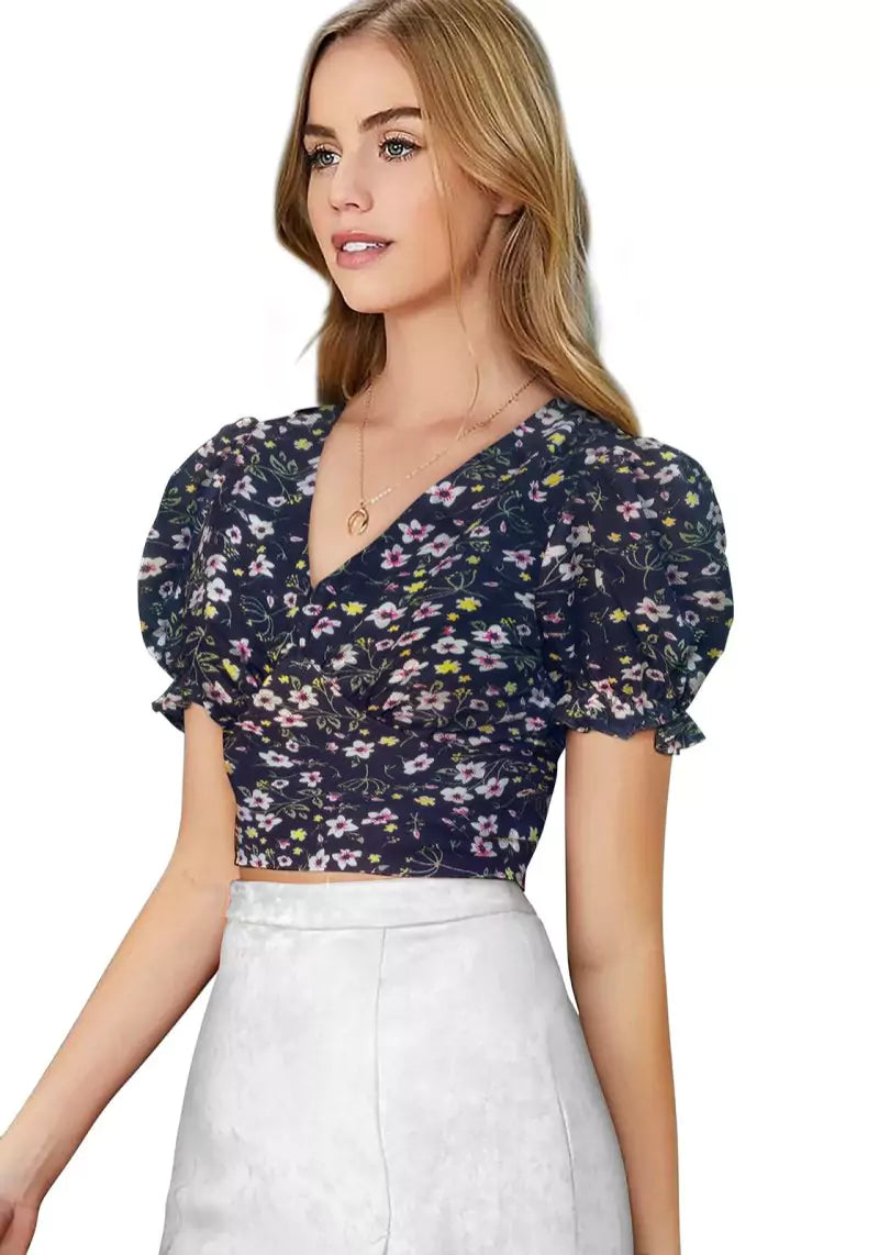 Floral Bliss V-Neck Puff Sleeve Crop Top with Tie-Back Detail