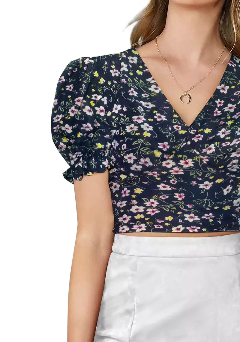 Floral Bliss V-Neck Puff Sleeve Crop Top with Tie-Back Detail