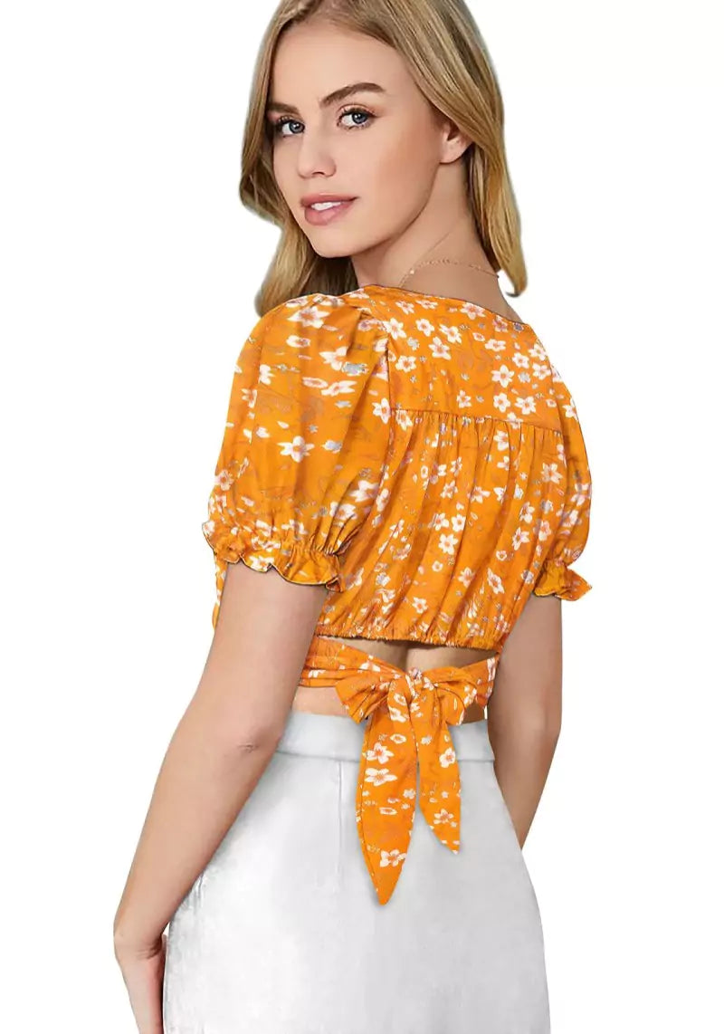 Floral Bliss V-Neck Puff Sleeve Crop Top with Tie-Back Detail