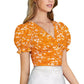 Floral Bliss V-Neck Puff Sleeve Crop Top with Tie-Back Detail