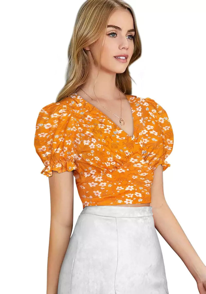 Floral Bliss V-Neck Puff Sleeve Crop Top with Tie-Back Detail