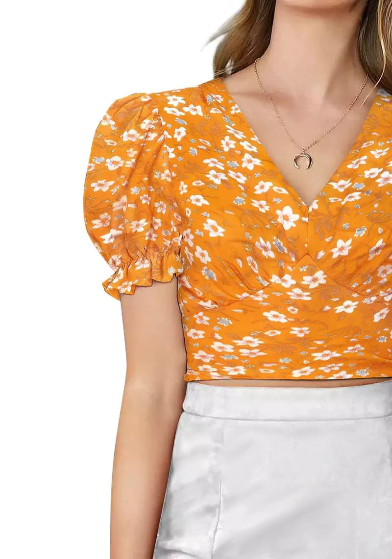 Floral Bliss V-Neck Puff Sleeve Crop Top with Tie-Back Detail