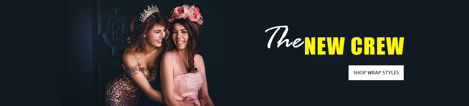 elegant fashion banner featuring models in chic gowns & wrap style dresses at snazzyhunt