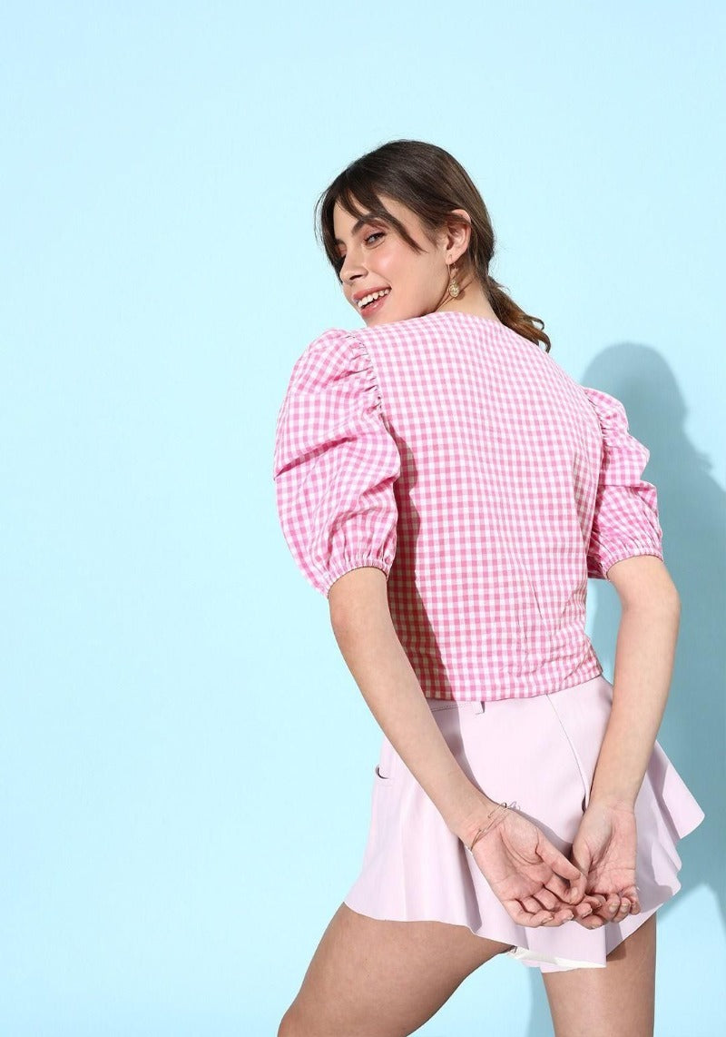 Women Pretty Pink Gingham Checked Top