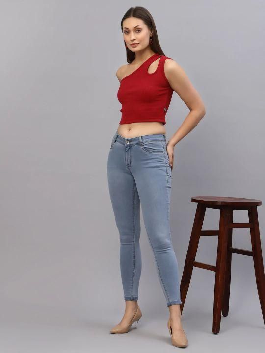 Women's Red One Shoulder Ribbed Crop Top