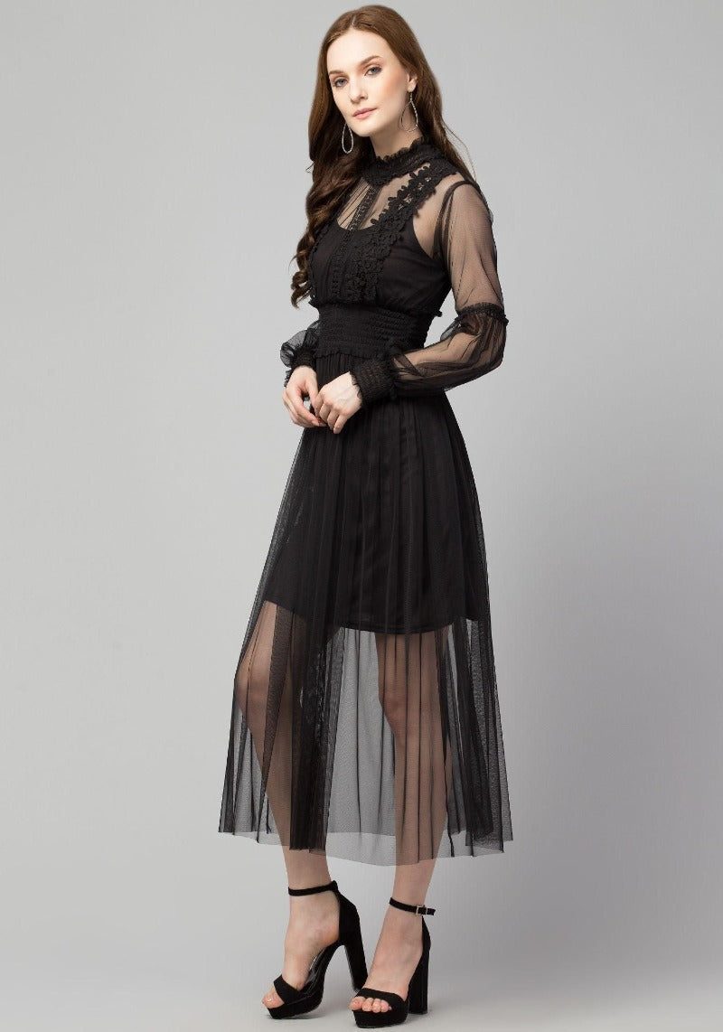 Women's Black Net Embroidered Drop Waist Dress