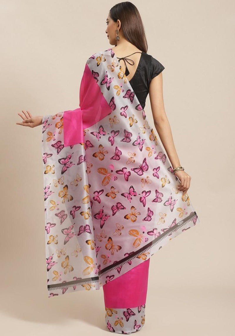 Pink Butterfly Printed Mysore Silk Sarees