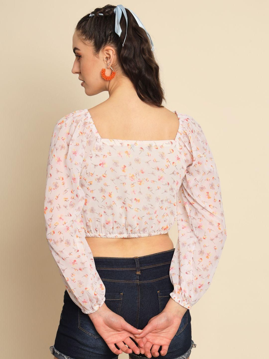Trendy White Floral Ruched Top