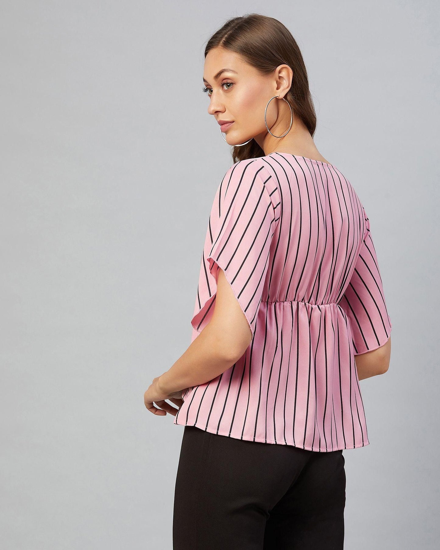 Women's Pink Striped Crepe Asymmetrical Top