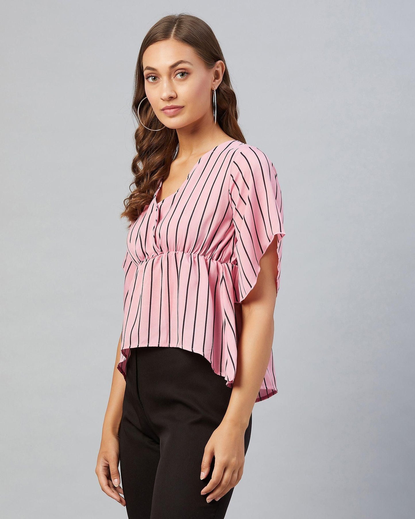 Women's Pink Striped Crepe Asymmetrical Top