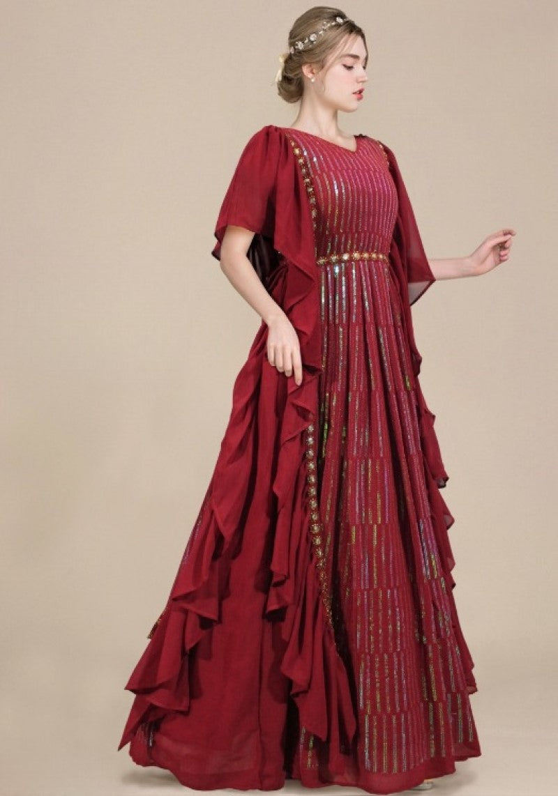 Buy Rose Red Readymade Fancy Designer Party Wear Net Gown  Gowns