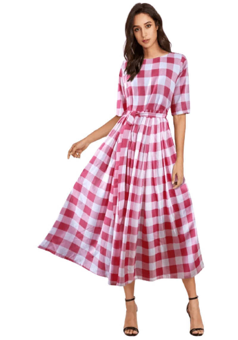 Cotton Check Printed A-line Western Dress