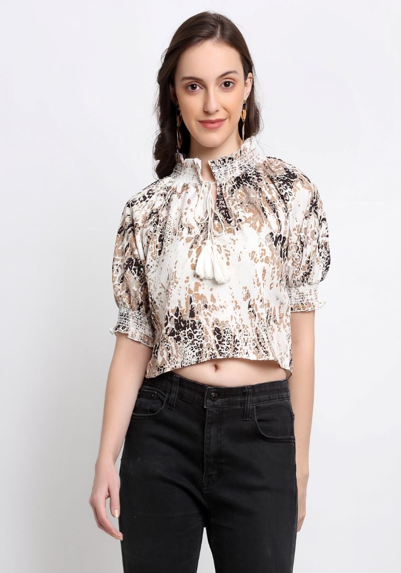 Women's Brown Printed Smocking Floral Top With Puff Sleeves