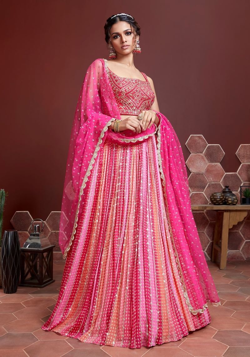 Digital Print Pure Chinnon Silk Pink Lehenga Choli