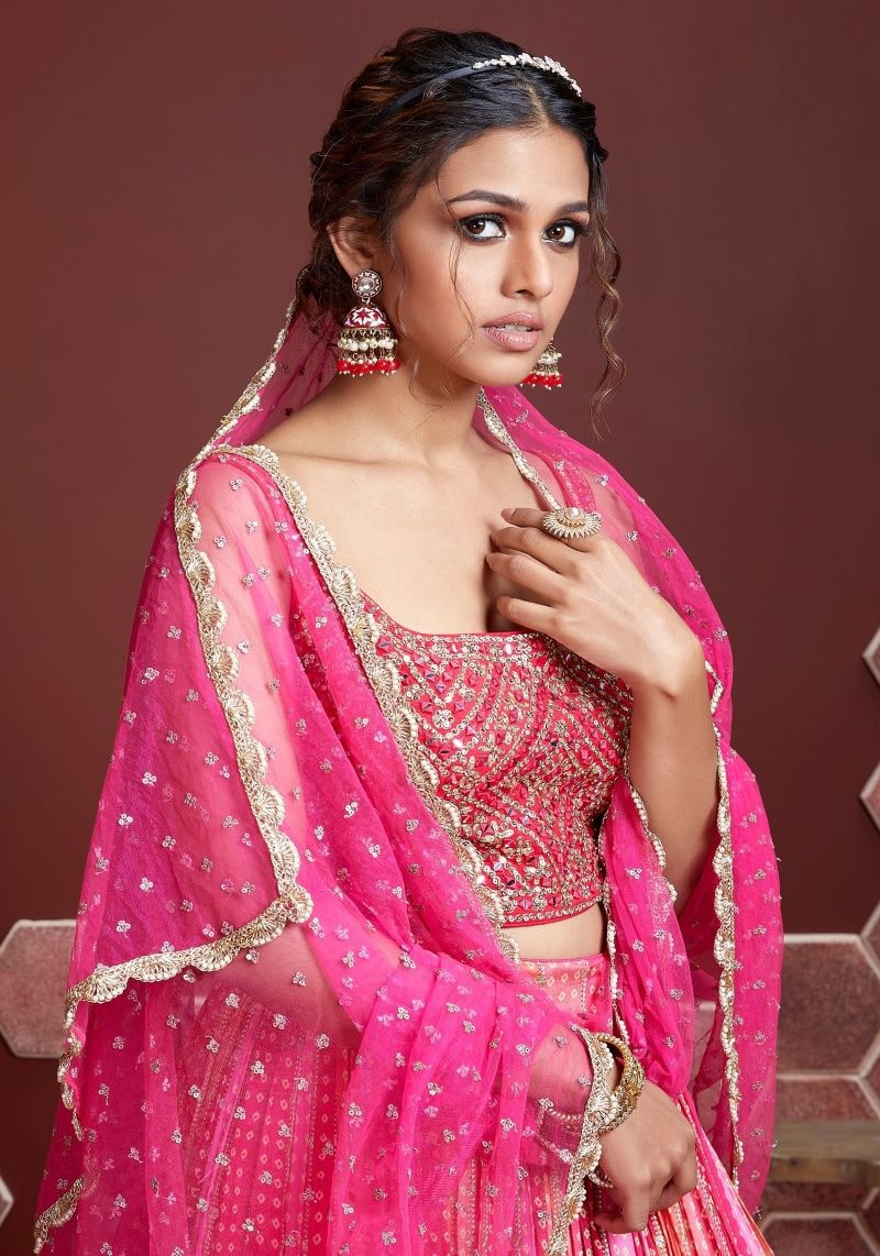 Digital Print Pure Chinnon Silk Pink Lehenga Choli