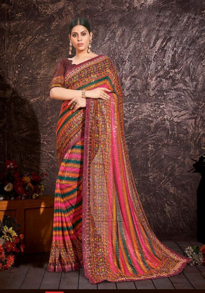 Multicolor Sequin Net Saree with Blouse Color 1