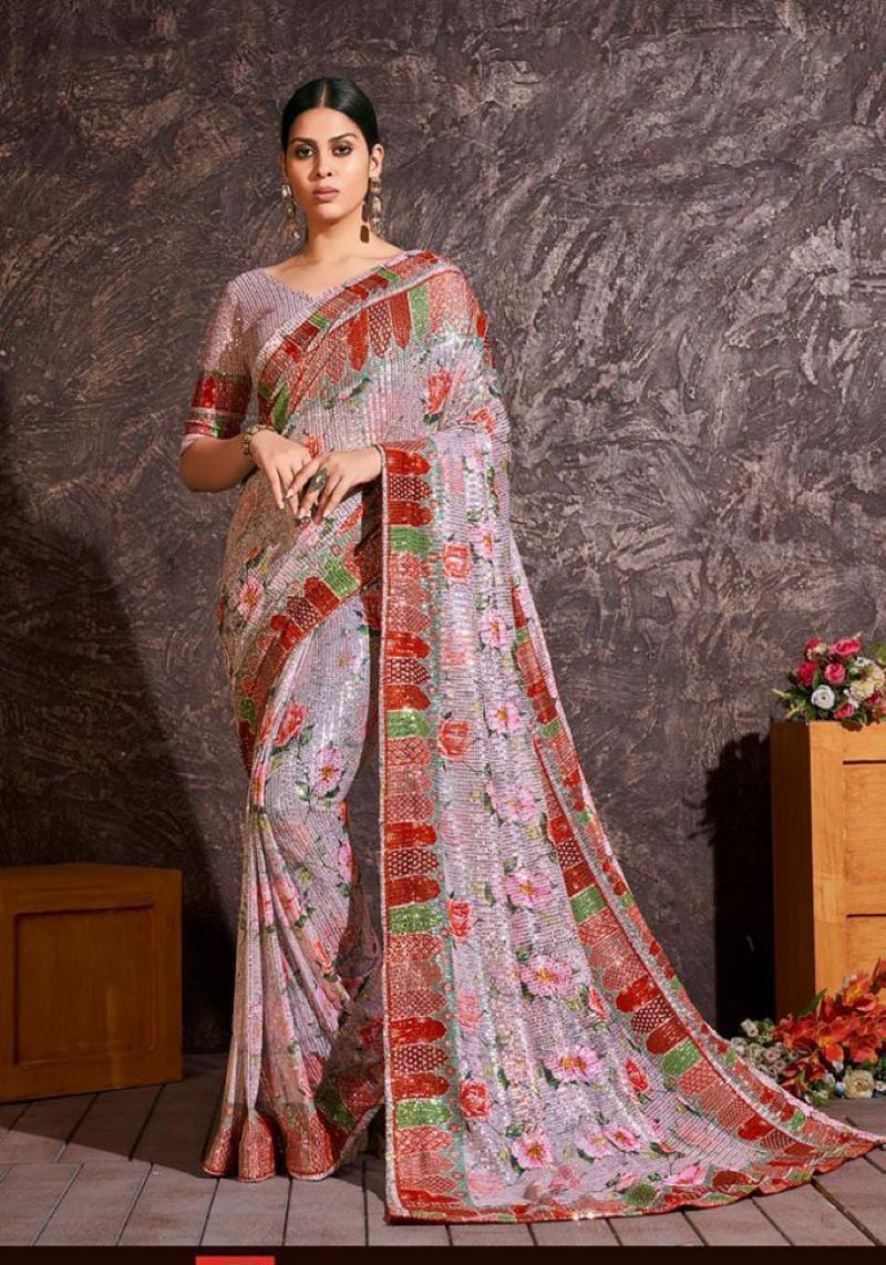 Multicolor Sequin Net Saree with Blouse Color 4