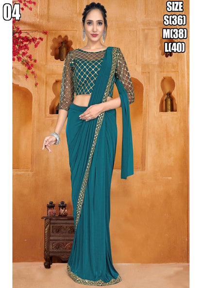 Designer Party Wear Lycra Saree With Stitched Blouse
