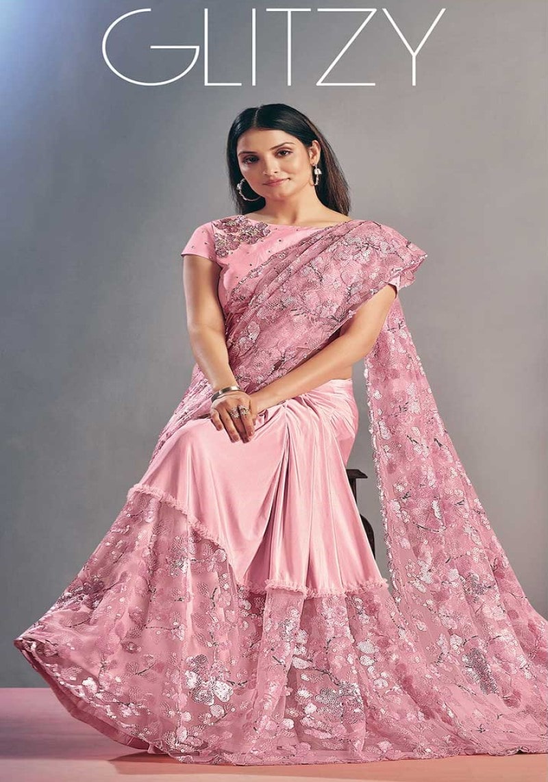 Designer Pink Embroidered Net Lycra Party Wear Saree