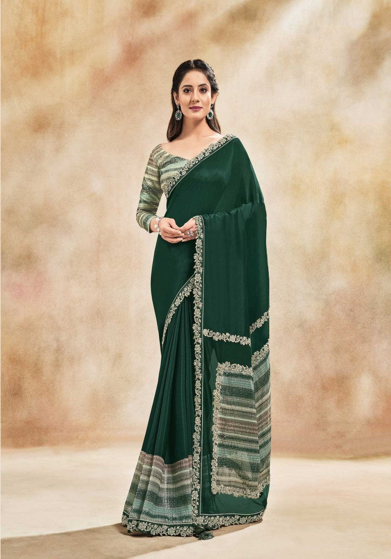 Dark Green Silk Georgette Cord Embroidered and Sequins Embellished Saree