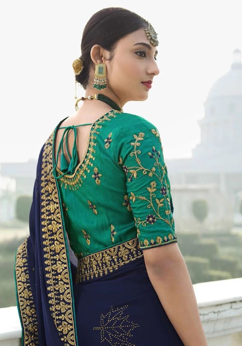 Royal Blue Chiffon Classic Saree Back Pose