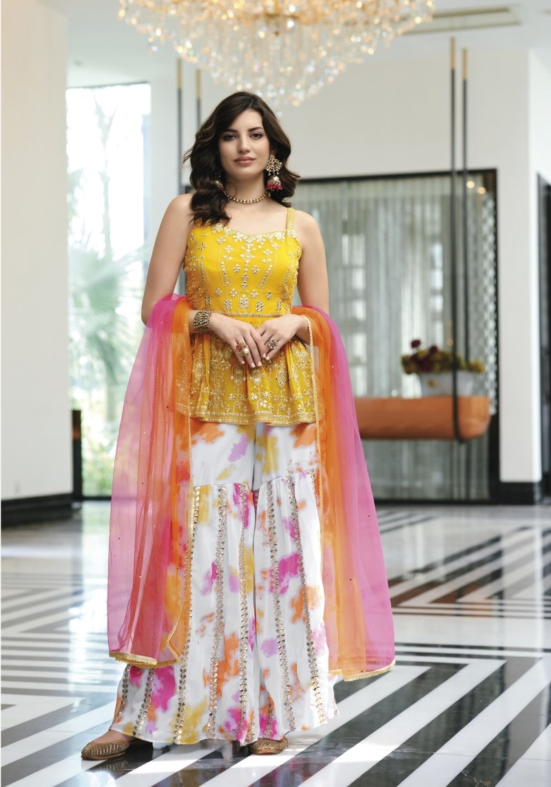 Party Wear Elegant Yellow Embroidered Sharara Suit With Net Dupatta