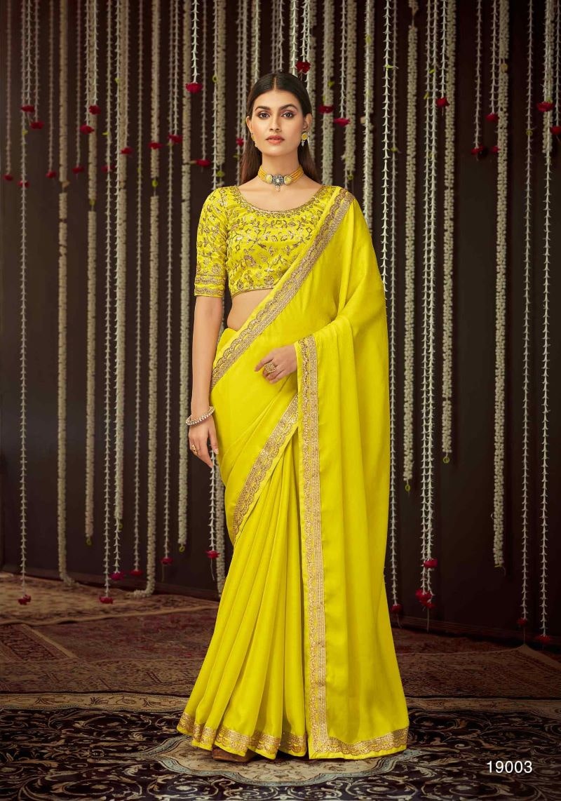 Yellow Party Wear Chinnon Silk Sequence Saree