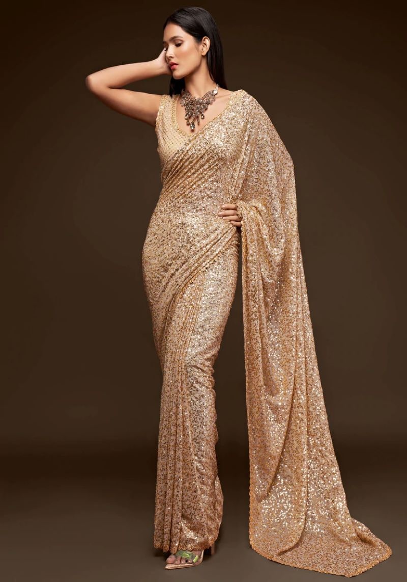 Heavy Sequins Embroidered Faux Georgette Saree