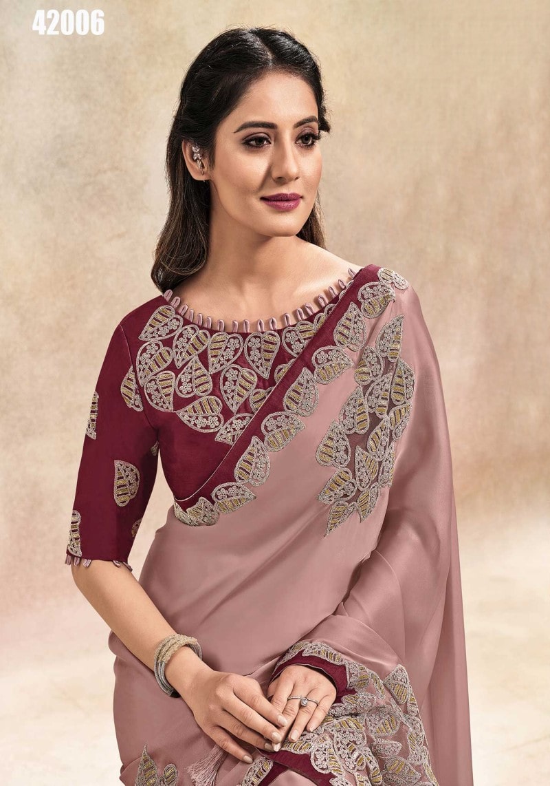 Maroon Rose Satin Silk Cut-Work and Cord Embroidered Saree