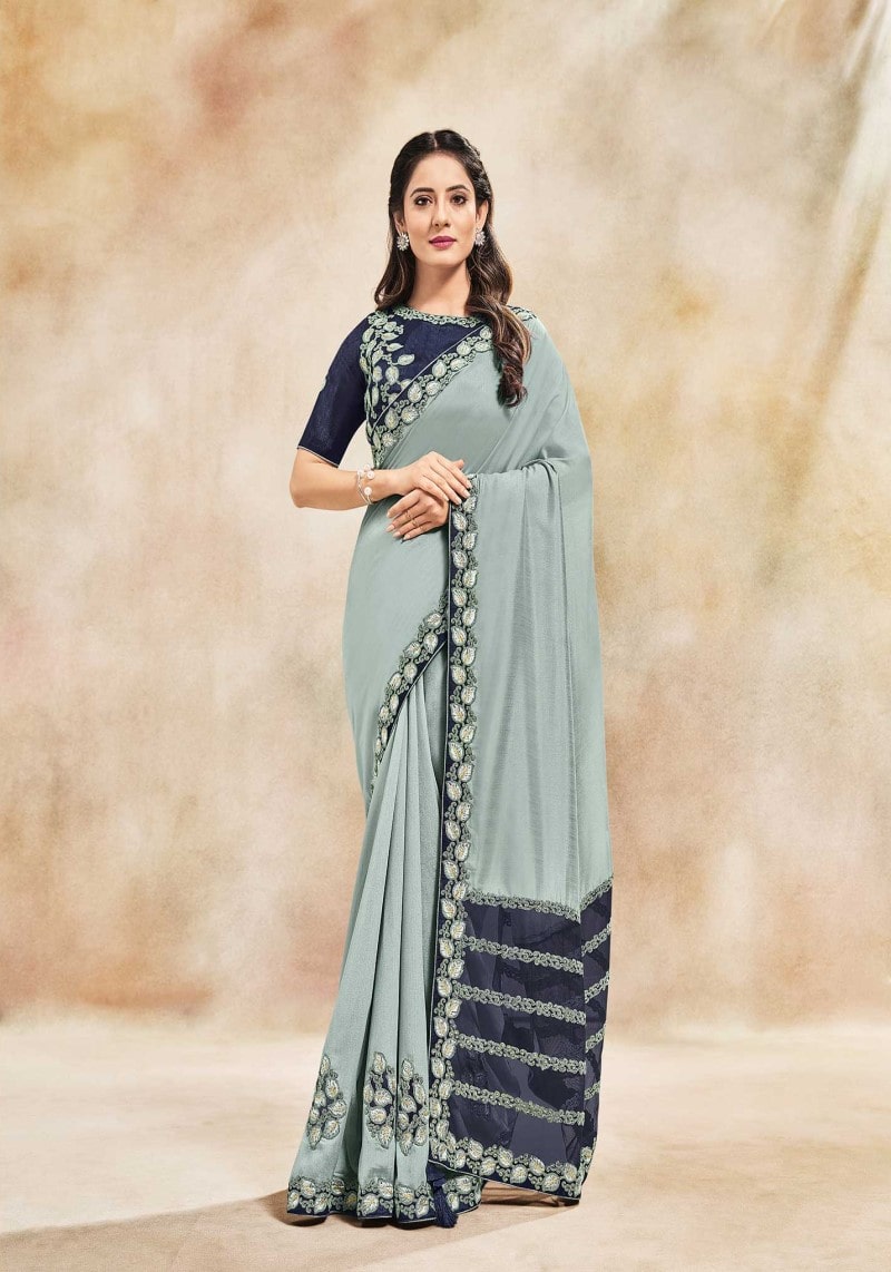 Sky Blue Silk Georgette Resham and Cord Embroidered Saree