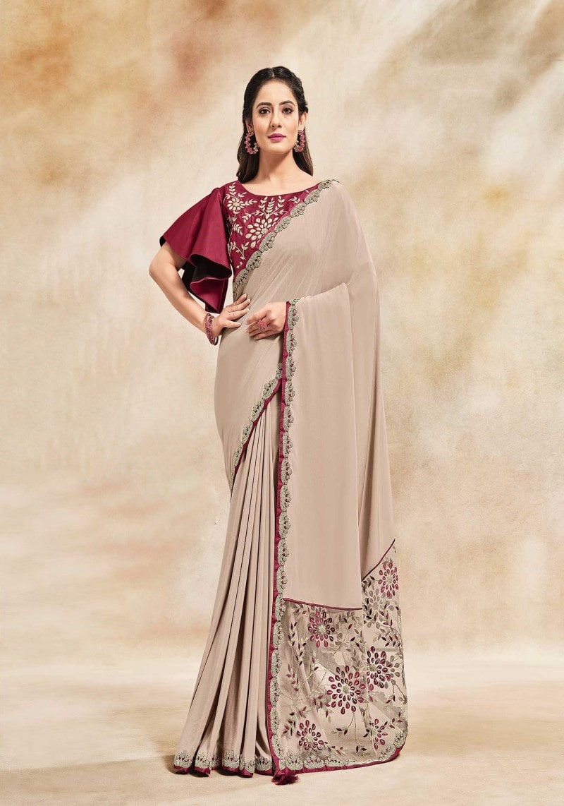 Party Wear Beige Crepe Silk Resham and Cord Embroidered Saree