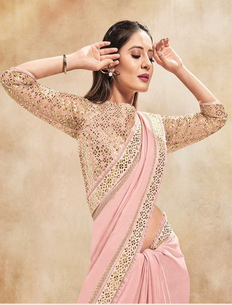 Light Pink Beautiful Georgette Ruffle Party Wear Saree With Printed Blouse  in USA, UK, Malaysia, South Africa, Dubai, Singapore