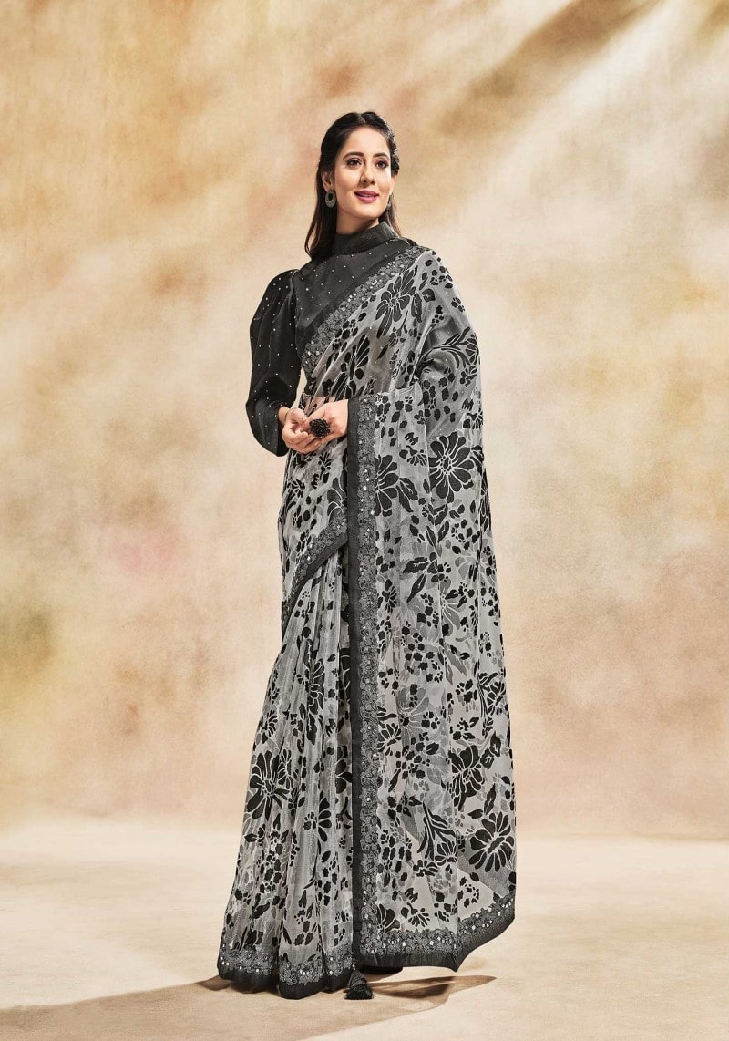 Party Wear Black Organza Cord and Mirror Embellished Saree