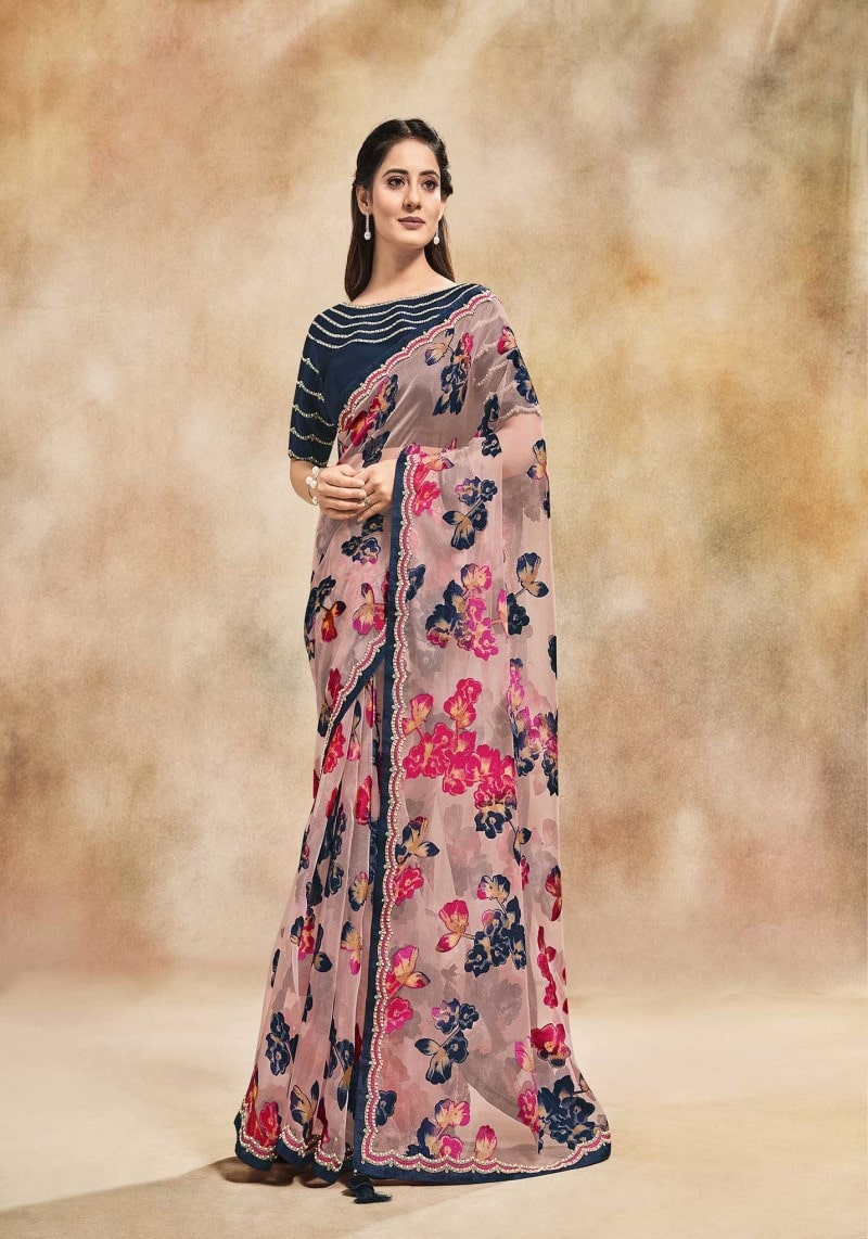 Party Wear Pink Organza Cord Embroidered Saree