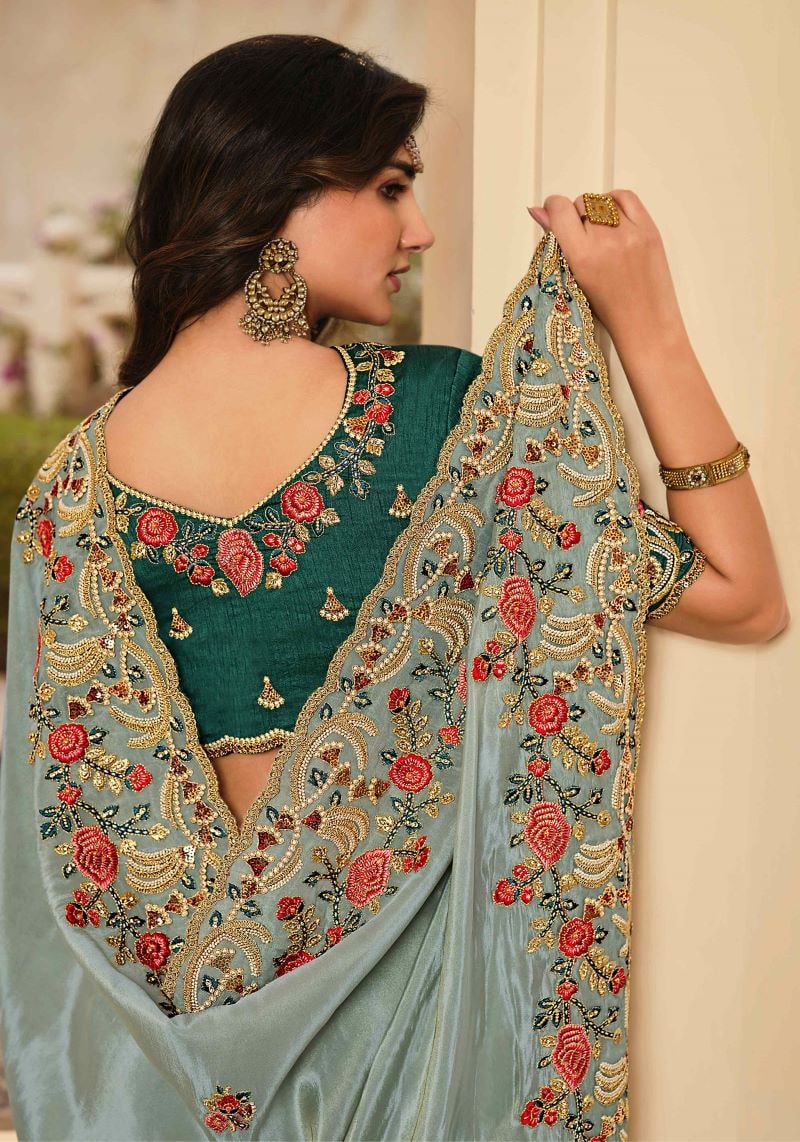Mint Green Heavy Embroidered Viscose Saree