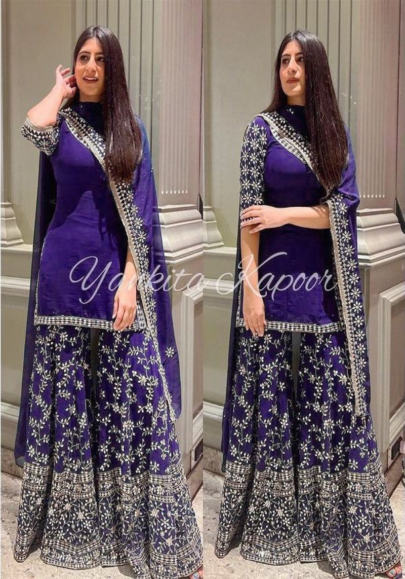 Party Wear Designer Blue Sharara Suit With Dupatta